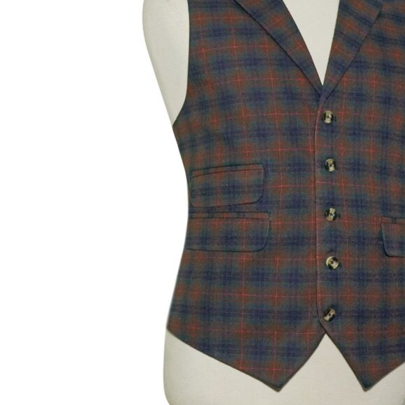 Mens Wool Plaid Vest 46R Brown Blue Green Check Waistcoat Formal Casual Preppy - Picture 6 of 8